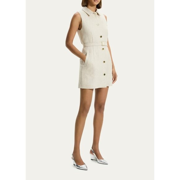 Theory Tan Basket Tweed Linen Belted Mini Shirt Dress NWT $425 Size 6
